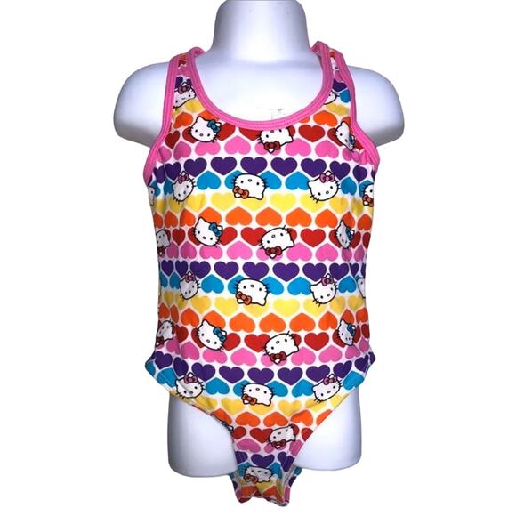 Girls 4 Hello Kitty Bright Rainbow Heart One Piece Racerback Swimsuit Swimwear - Picture 1 of 2